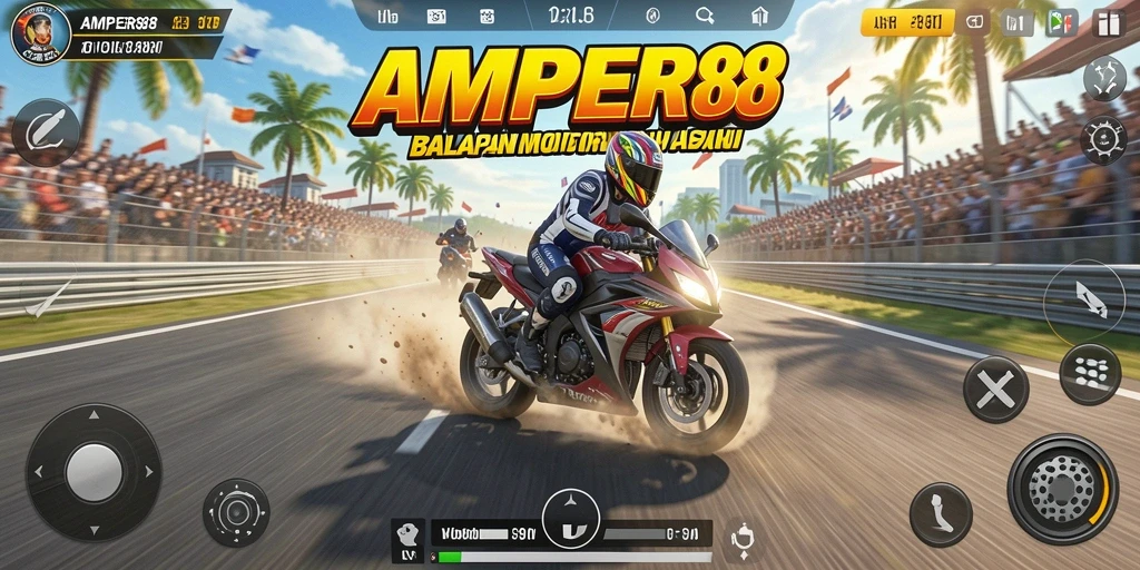 Tampilan gameplay mendebarkan di AMPER88 dengan balapan motor cepat.