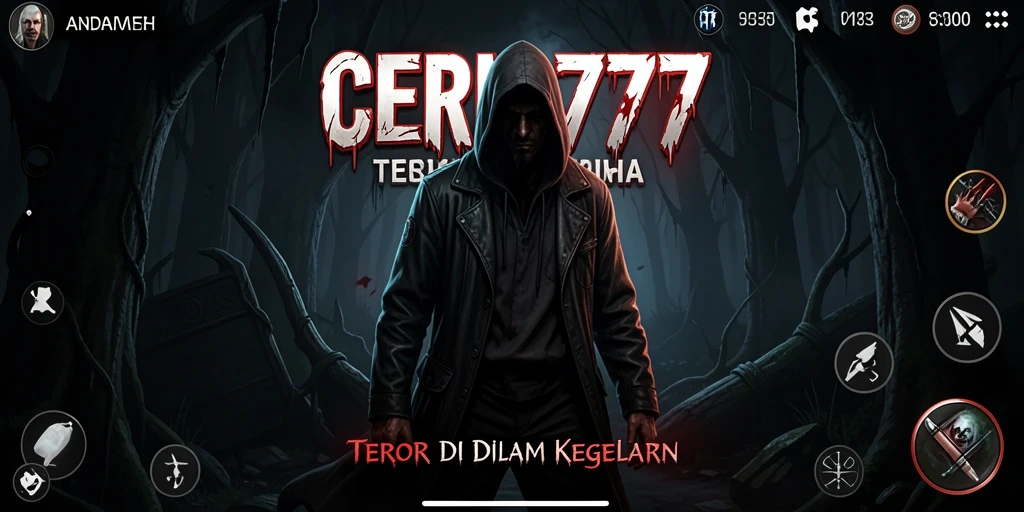 Screenshot gameplay CERIA777 menunjukkan suasana mencekam dan monster menakutkan.