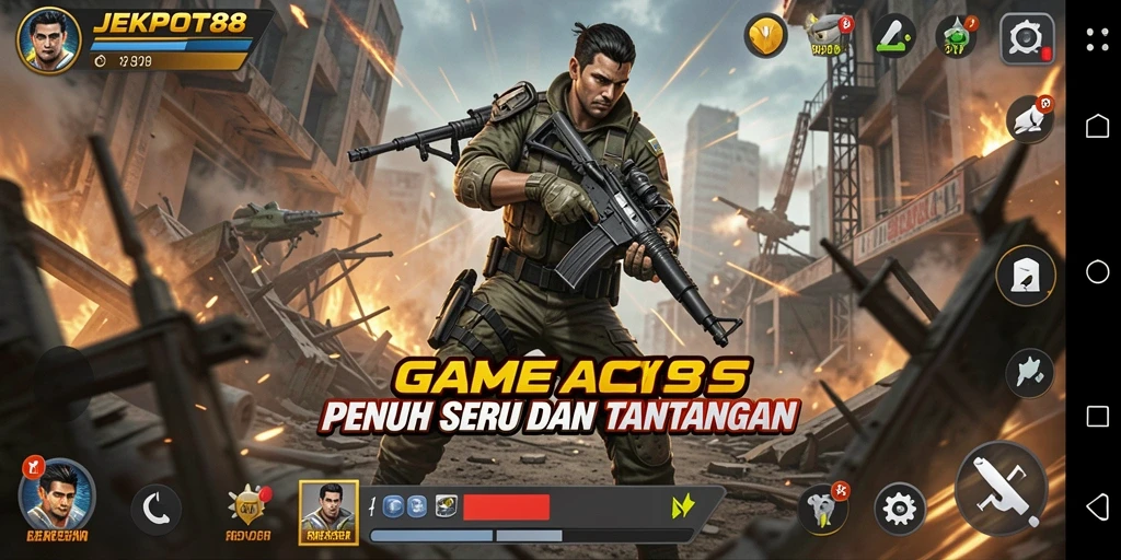 Screenshot utama JEKPOT88 yang menampilkan aksi pertempuran seru.