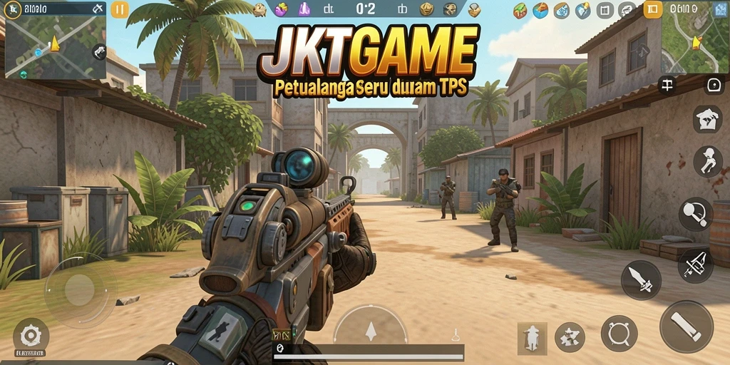 Tangkapan layar gameplay JKTGAME yang menggambarkan aksi pertempuran seru dalam TPS.