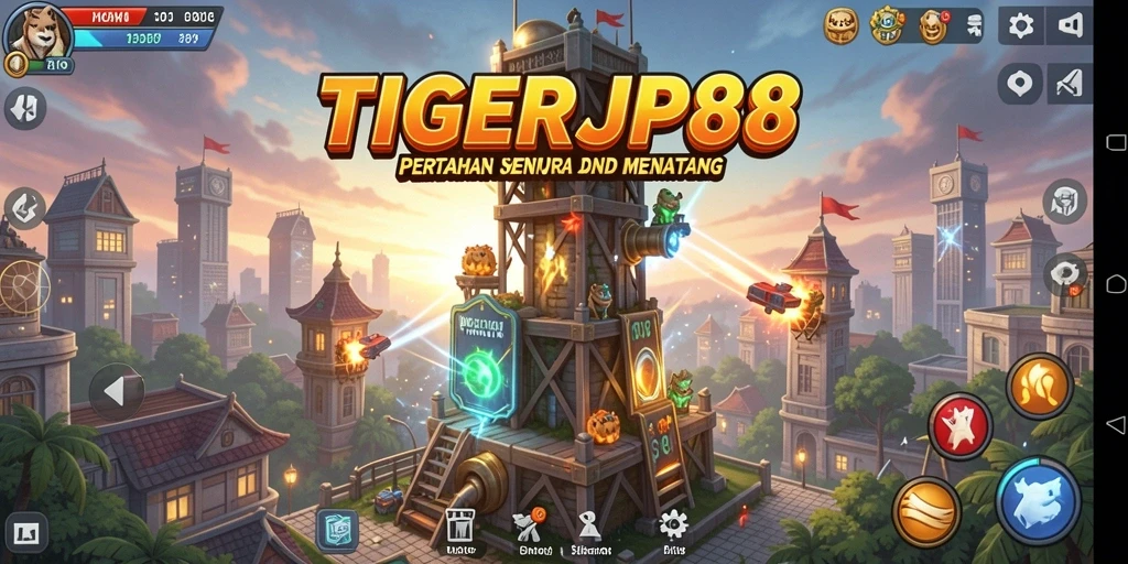 Tampilan gameplay seru di TIGERJP88 dengan menara dan musuh yang beragam.